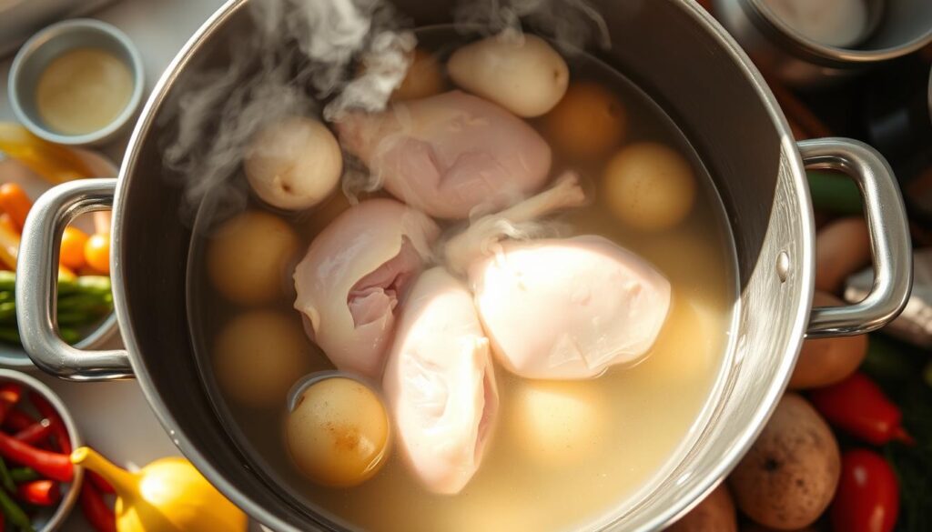 Can you boil raw chicken and potatoes at the same time